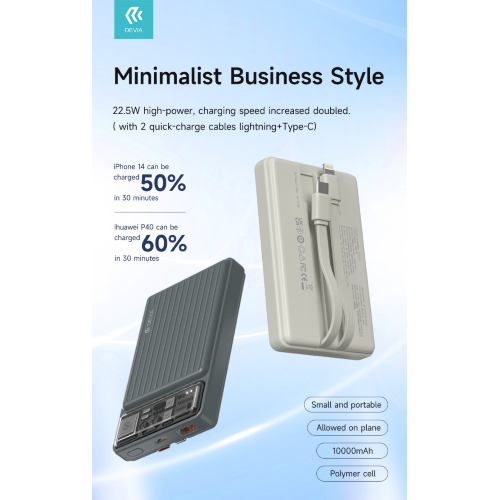 POWER BANK 10.000 MAH CON DUE CAVI 22,5W CARICA RAPIDA AVORIO