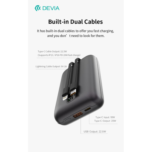 MINI POWER BANK ULTRA4 DA 22,5 W CON 2 CAVI INTEGRATI 20000 MAH GRIGIO