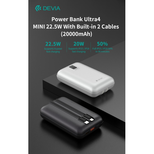 MINI POWER BANK ULTRA4 DA 22,5 W CON 2 CAVI INTEGRATI 20000 MAH GRIGIO