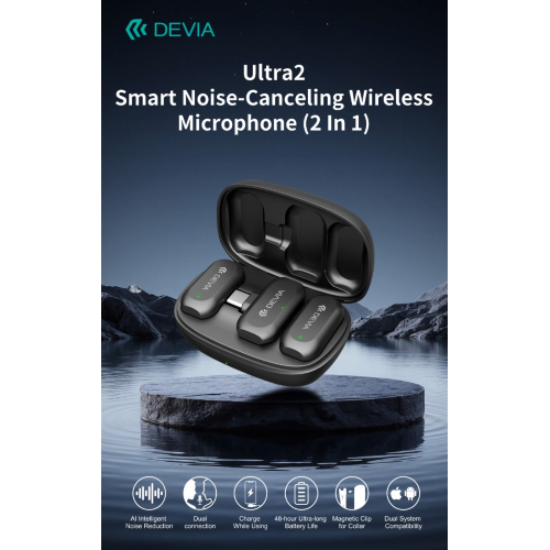 ULTRA2 DOPPIO MICROFONO WIRELESS CON RIDUZIONE RUMORE AI E CLIP MAGNETICA CONNESSIONE TIPO-C E LIGHTNING