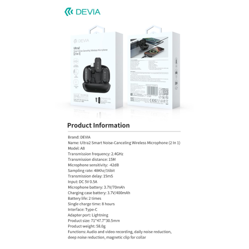 ULTRA2 DOPPIO MICROFONO WIRELESS CON RIDUZIONE RUMORE AI E CLIP MAGNETICA CONNESSIONE TIPO-C E LIGHTNING