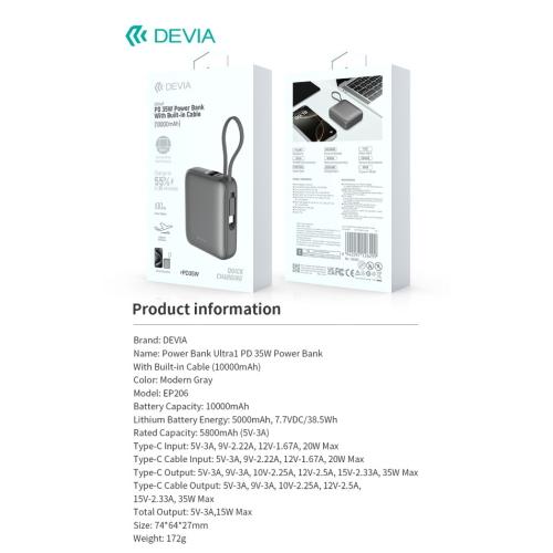 Power Bank Ultra1 carica rapida PD 35W 10.000 mAh con cavo Tipo-C