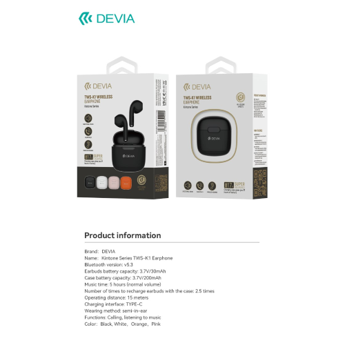 Auricolari Devia TWS-K1 Bluetooth 5.3 EM057 Neri